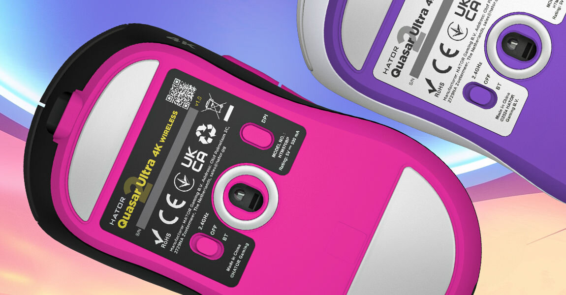 Mysz HATOR Quasar 2 Ultra 4K HTM570BP
					płynny ruch, teflonowe ślizgi, niski opór, w zestawie zapasowy zestaw ślizgaczy,
					dwie myszki od spodu, widoczne ślizgi