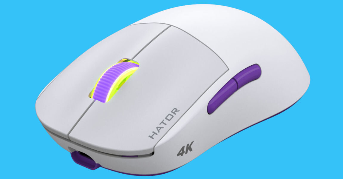 Mysz HATOR Quasar 2 Ultra 4K HTM570BP
					szeroka kompatybilność, współpraca z systemami operacyjnymi Windows 10 / 11, Linux, Android oraz Mac OS,
					mysz ustawiona pod skosem na niebieskim tle