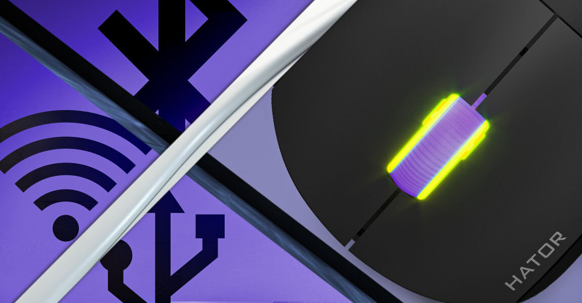 Mysz HATOR Quasar 2 Ultra 4K HTM570BP
					trzy rodzaje połączenia: przewodowe za pomocą kabla zakończonego wtyczką USB-C (kabel USB-A / USB-C o długości ok. 
					1,8 metra w zestawie), bezprzewodowe za pomocą adaptera USB-A 2,4 GHz, bluetooth,
					fioletowe tło, czarne ikony: bluetooth, Wi-Fi, USB, mysz od góry wykadrowana na koło