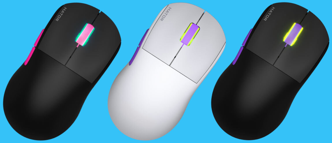 Mysz HATOR Quasar 2 Ultra 4K HTM570BP
					długi czas pracy, akumulator o pojemności 600 mAh, do 182 godzin pracy w trybie bezprzewodowym, bez potrzeby ładowania,
					czas ładowania ok. 2 godz, ładowanie za pomocą dołączonego do zestawu kabla USB-A / USB-C o długości ok. 1,8 metra,
					niebieskie tło, trzy myszki pod skosem