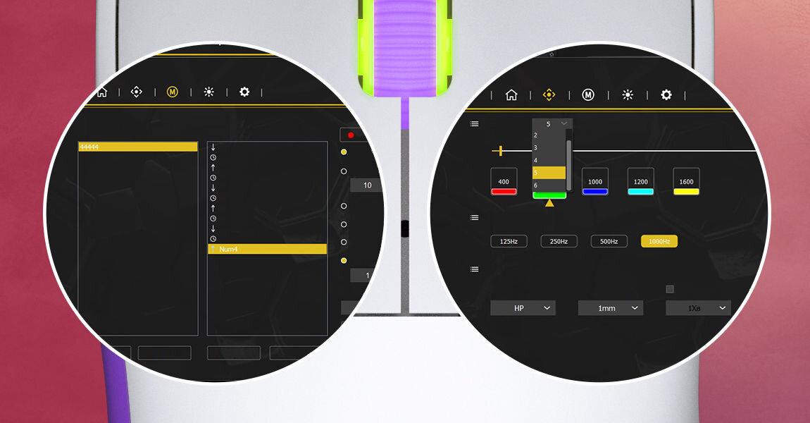 Mysz HATOR Quasar 2 Ultra 4K HTM570BP
					dostosuj ją do siebie, dedykowane oprogramowanie firmy HATOR umożliwiające konfigurację ustawień DPI, przypisanie funkcji do przycisków, zmianę efektów podświetlenia,
					mysz od góry, dwa okręgi ze zrzutami ekranu z aplikacji