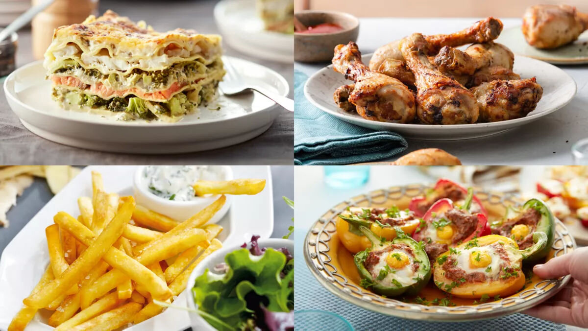 Air Fryer Frytkownica beztłuszczowa PHILIPS Ovi Mini Seria 3000 HD9200/90 Cztery kadry prezentujące różnorodne jedzenie: lazania z warzywami ułożona na białym talerzu, pieczone udka kurczaka na talerzu, porcja frytek z sosem i sałatką oraz kolorowe faszerowane papryki na ozdobnym talerzu.