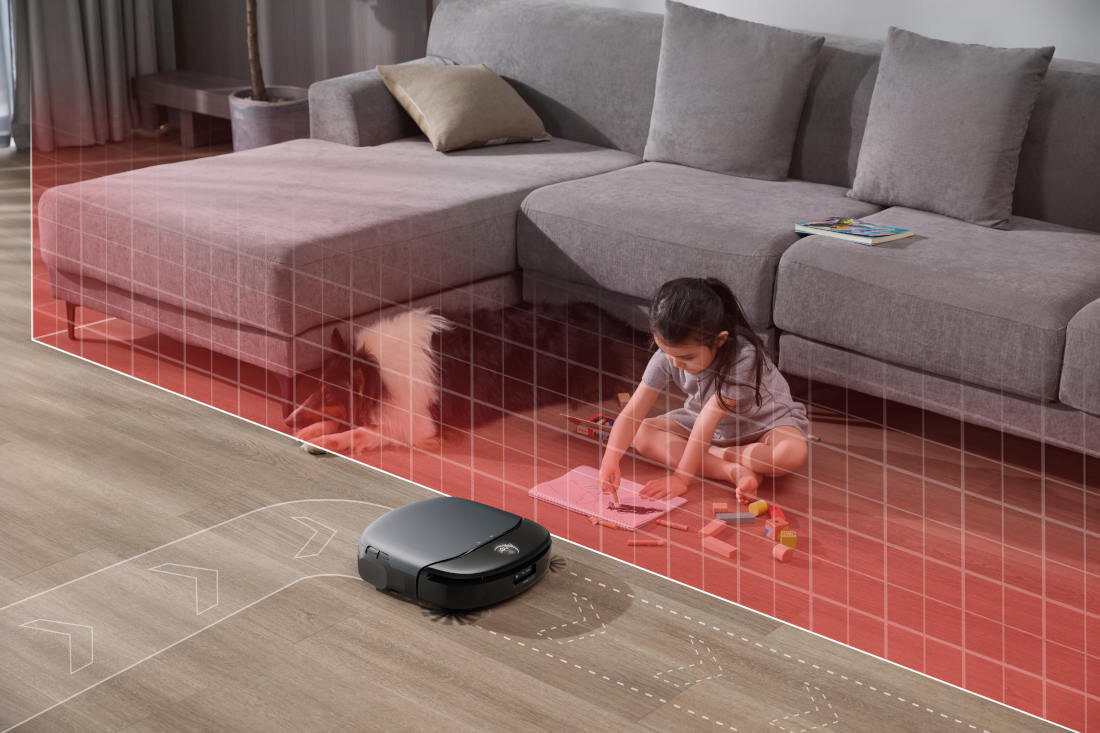 Robot sprzątający EUFY Omni S1 T2071 technologia sprzątania odkurzanie mopowanie kompleksowe czyszczenie podłóg laserowa kamera system czujników  mapuje pomieszczenia unika przeszkód dostosowuje tryb pracy Funkcja automatycznego wykrywania zabrudzeń zanieczyszczenia kurz sierść