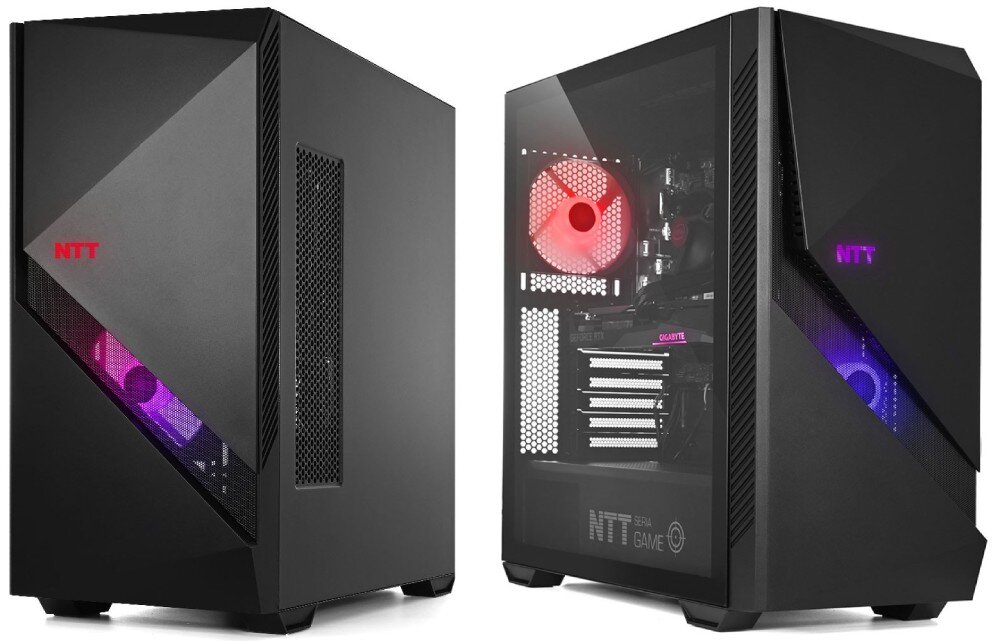 Komputer NTT Game ZKG-R5P30506GB-TER4 dwa komputery stojące obok siebie z lewego i prawego profilu wygląd styl podświetlenie wnętrze przestrzeń