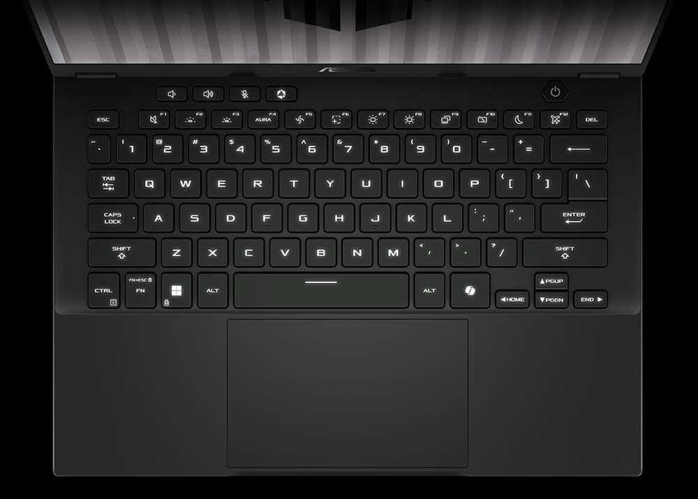 Laptop ASUS TUF Gaming A14 z klawiaturą TUF przeznaczoną dla graczy. - Klawiatura TUF, Technologia Overstroke