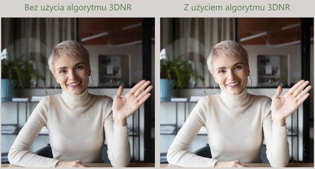 Porównanie jakości obrazu podczas wideorozmowy na laptopie ASUS ZenBook UM3402 – po lewej bez algorytmu 3DNR, po prawej z zastosowaniem algorytmu 3DNR, wyraźniejszy obraz i mniej szumów.   