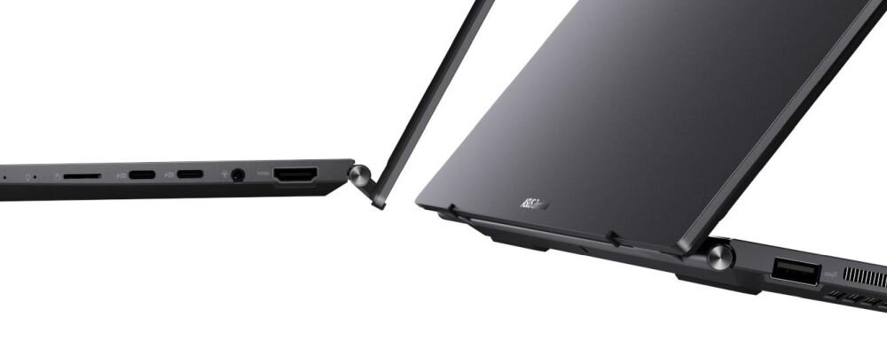 Zbliżenie na lewy i prawy bok laptopa ASUS ZenBook UM3402 – czytnik kart MicroSD, dwa porty USB-C 3.2 Gen 2, gniazdo audio, HDMI 2.0, port USB 3.2 Gen 2, opisane na zdjęciu.