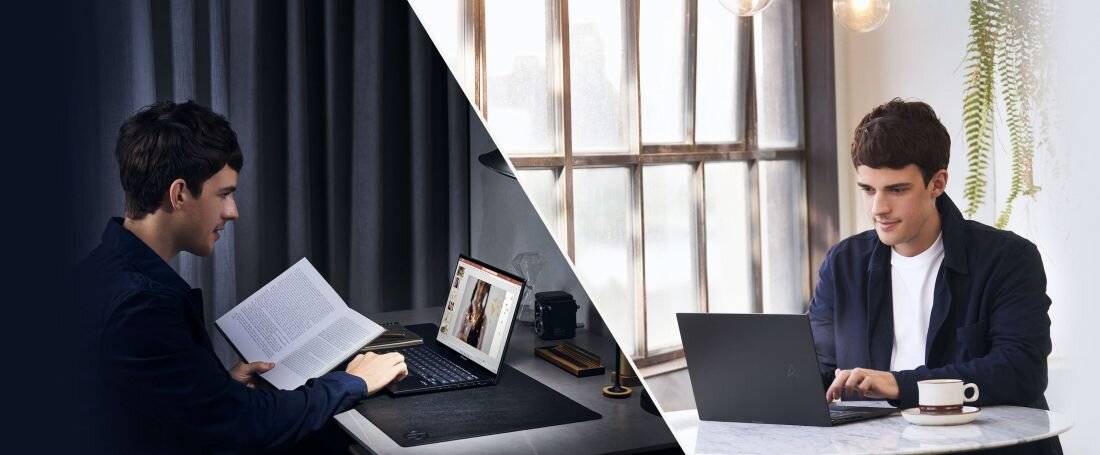 Dwie osoby pracujące na laptopach ASUS ZenBook UM3402 w różnych wnętrzach – jedna przy biurku z książką, druga przy oknie z filiżanką kawy, oba laptopy na jasnych powierzchniach. - bateria o pojemności 75 Wh 