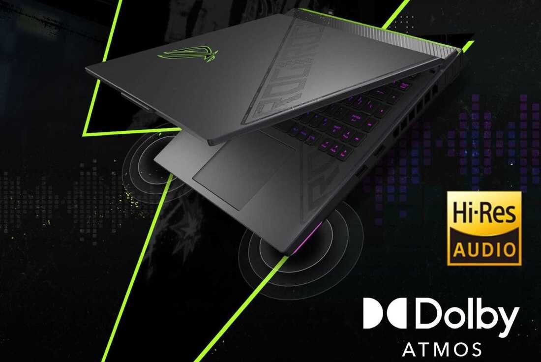Laptop ASUS ROG Strix G16 i symbole Hi-Res oraz Dolby Atmos.- Dźwięk jakości studyjnej Dolby Atmos, Dźwięk Hi-Res 