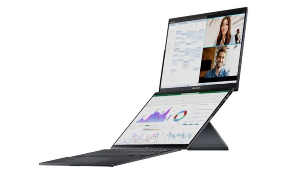 Laptop ASUS Zenbook DUO, konwertowalny laptop z ekranem dotykowym, elegancki design, doskonały do użytku mobilnego. - Dysk SSD PCIe NVMe 4.0, RAM LPDDR5