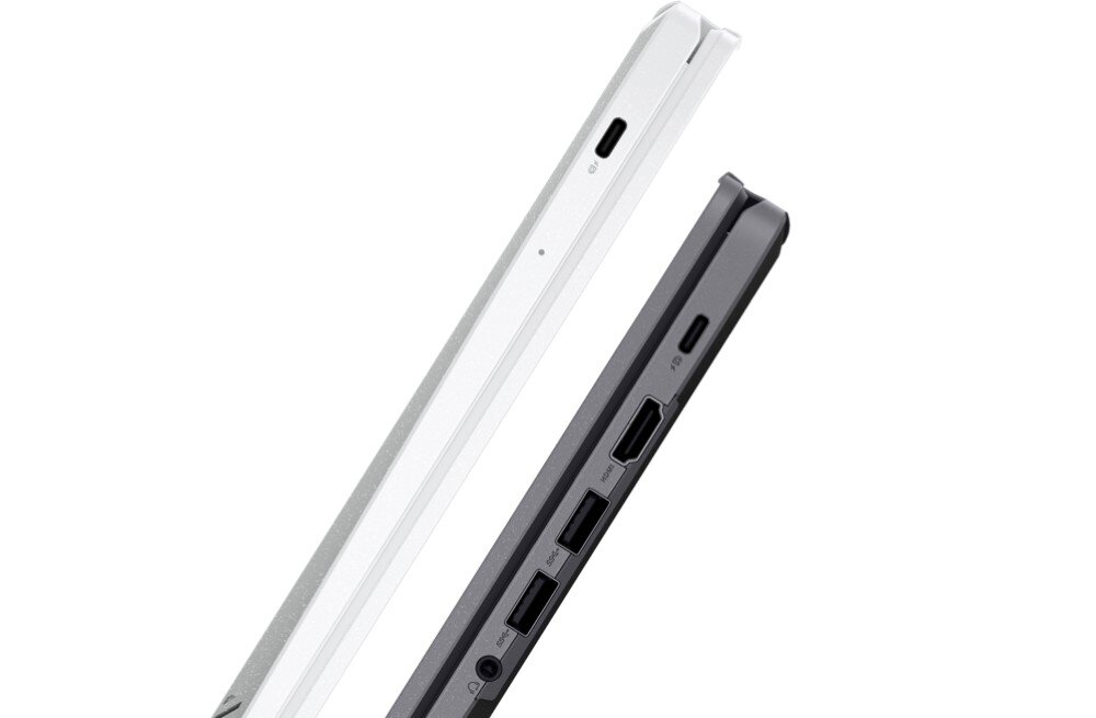 Laptop ASUS Chromebook Plus CX3402CVA Dwa zamknięte laptopy w różnych kolorach pokazane z boku, prezentujące porty i złącza, w tym USB, HDMI oraz gniazdo słuchawkowe, gniazda, porty, podłączenie