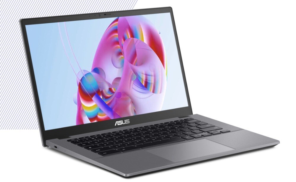 Laptop ASUS Chromebook Plus CX3402CVA Srebrny laptop otwarty pod kątem, wyświetlający abstrakcyjną grafikę w jasnych kolorach, wyświetlacz, przekątna, rozdzielczość, kontrast