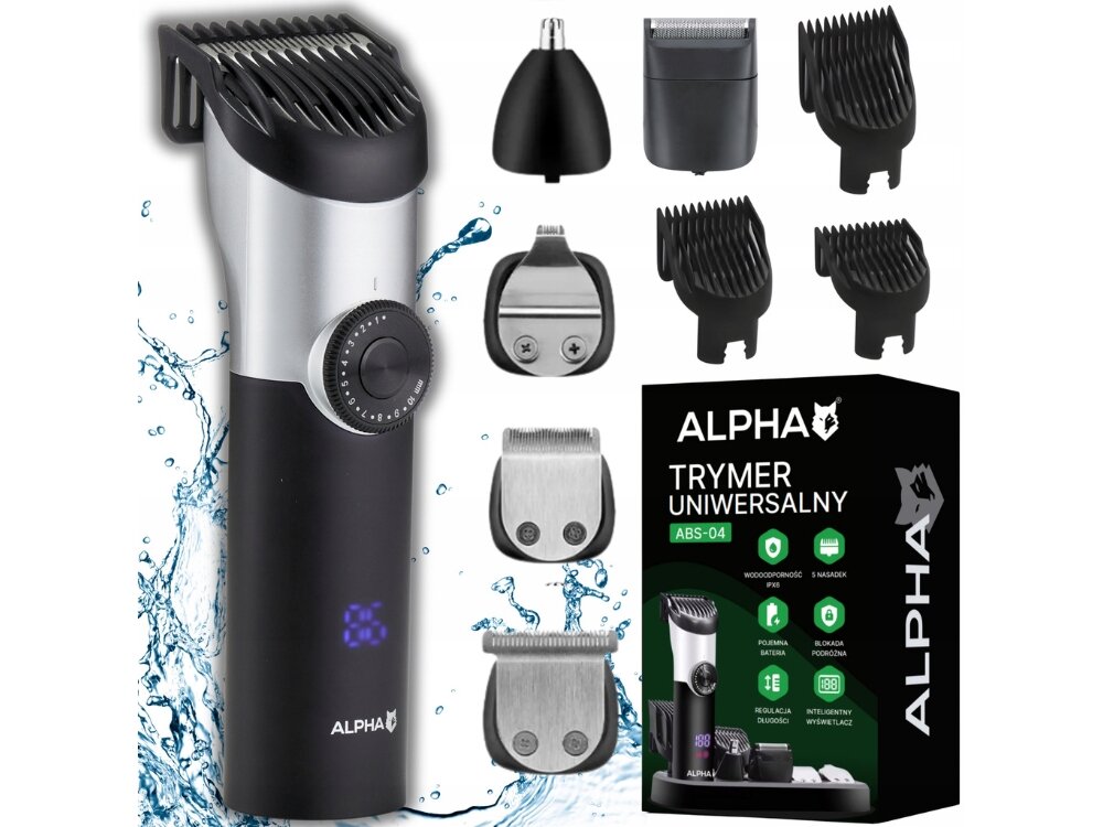 Trymer ALPHA ABS-04 bezprzewodowy trzy nakładki dystansowe, pięć głowic, stojak, szczoteczka do czyszczenia, pewne i równe cięcie, do codziennej pielęgnacji