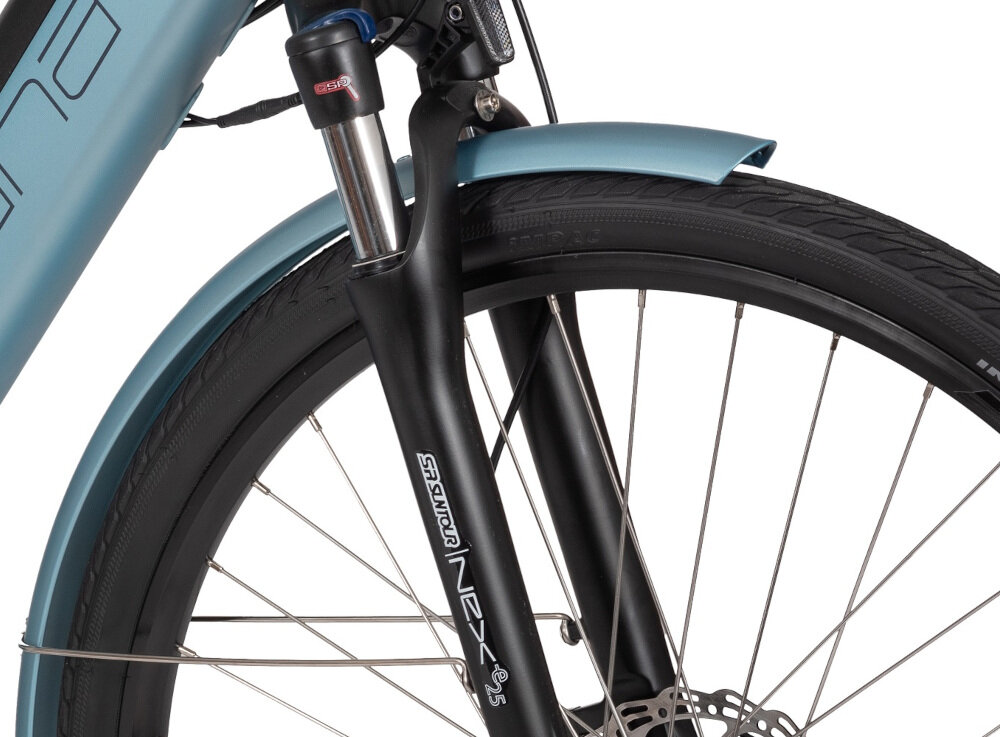 Rower elektryczny INDIANA E-Cruise D19 28 cali damski Niebieski rower typu hardtail amortyzator przedni SUNTOUR typ NEX-E25 LO DS 700C niska masa roweru duża sztywność reglacja