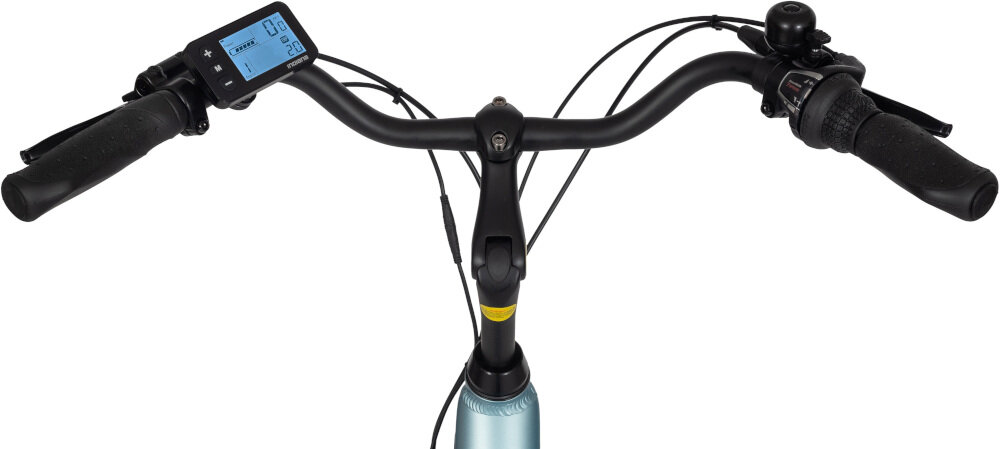 Rower elektryczny INDIANA E-Cruise D19 28 cali damski Niebieski kierownica manetki antypoślizgowy materiał wyświetlacz LCD dzwonek