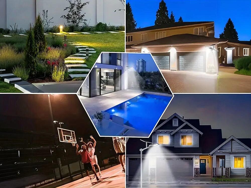 Lampa solarna EXTRALINK EX.22448, światło, oświetlenia, lampa, jasność, 5 zdjęć przedstawiających różne zastosowanie lampy w różnych środowiskach