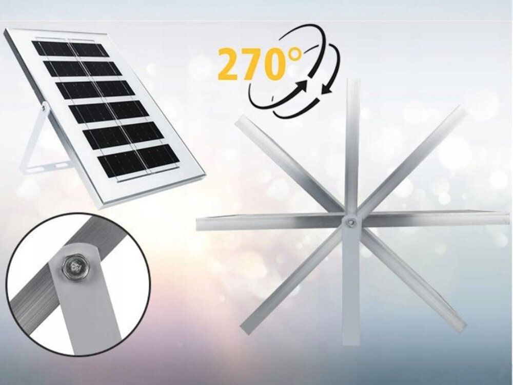 Lampa solarna EXTRALINK EX.22448, IP67, deszcz, stal, daszek, na szarym tle wizualizacja kąta obrotu lampy do 270 stopni