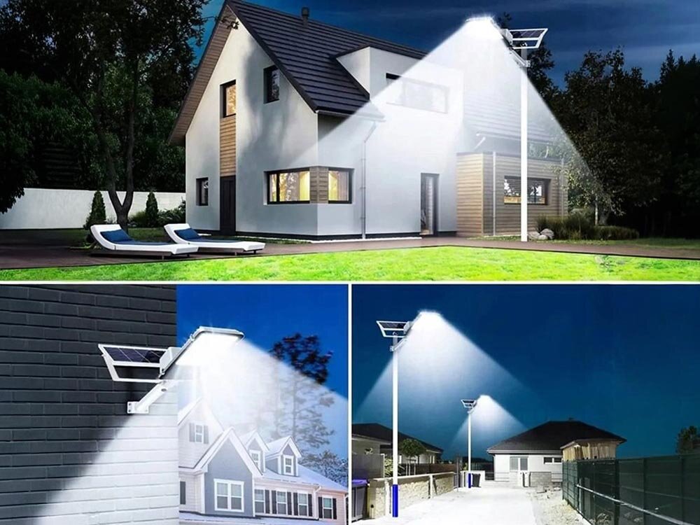 Lampa solarna EXTRALINK EX.22448, montaż, bezprzewodowy, słup, akcesoria, lampy zamontowane na 3 różnych miejscach, przy domu, ulicy i ogrodzie