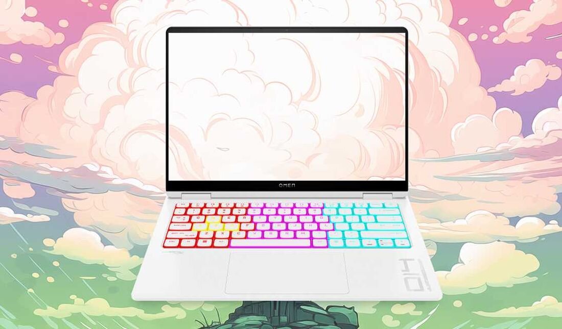 Laptop gamingowy HP Omen 14 na jasnym tle w stylu anime. - 120 Hz OLED, 100% DCI-P3
