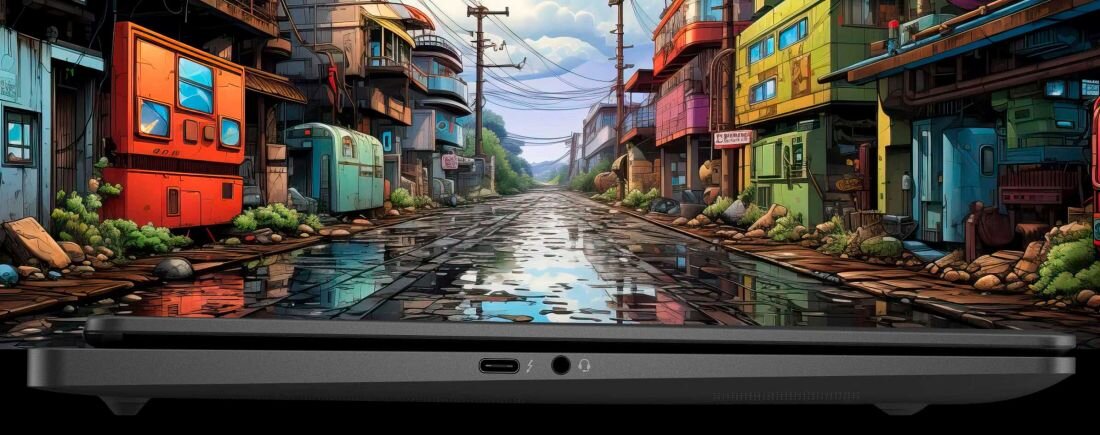 Laptop HP Omen 14 a za nim widok ulicy w stylu anime. - Bateria, Zasilacz USB-C 140 W