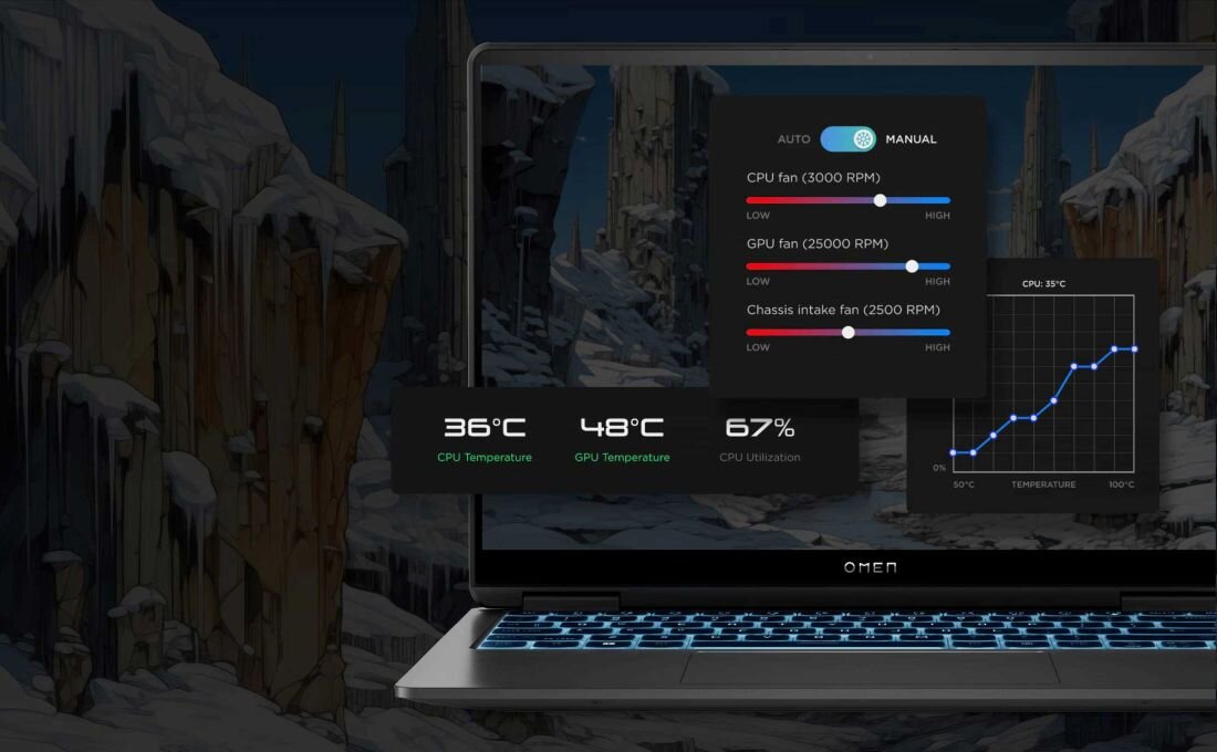 Laptop z widocznym na ekranie wskaźnikiem temperatury. - zaawansowany układ chłodzenia Tempest Go