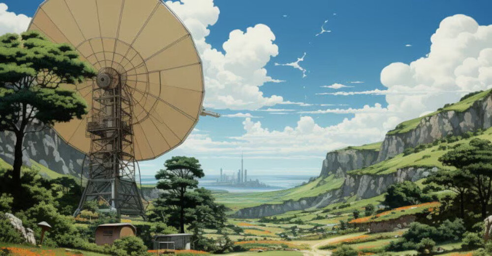 Scena anime przedstawiająca satelitę na tle zielonego pola, z jasnym niebem w tle. - Szybka łączność, Wi-Fi 7, Bluetooth 5.4