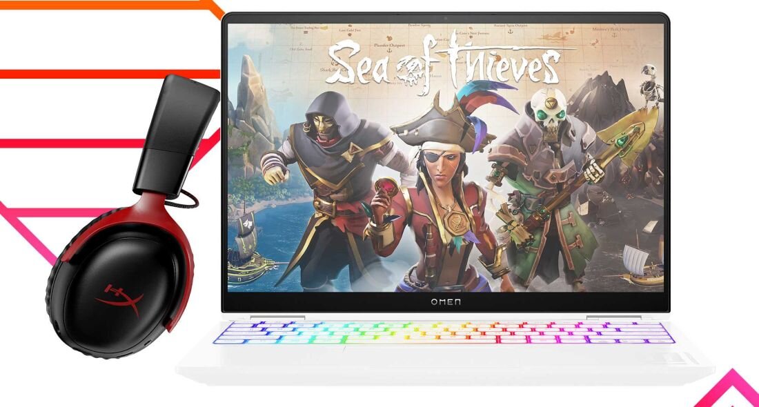 Laptop z wyświetlaną grą i słuchawkami obok, gotowy do rozgrywki. - HP Audio Boost, DTS:X Ultra