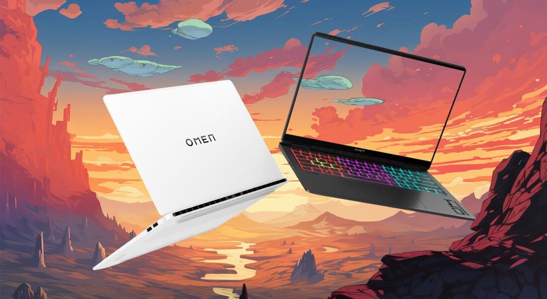 Laptop HP Omen 14 na tle w stylu anime.