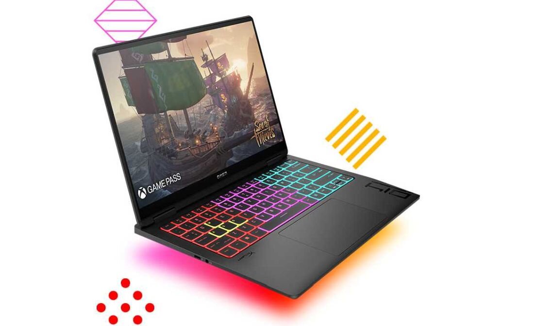 Laptop HP Omen 14 z kolorową klawiaturą, na ekranie wyświetlana gra w dynamicznej akcji. - Intel Core Ultra, NVIDIA GeForce RTX 40 Series, Wyświetlacz 3K 120 Hz OLED