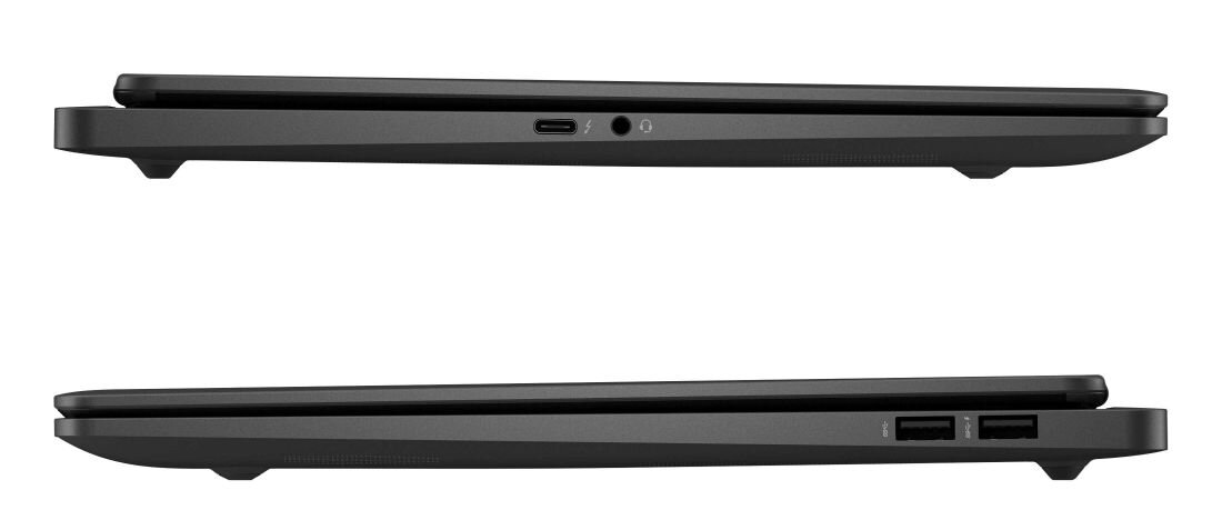 Dwa laptopy HP Omen 14 o jednolitym wyglądzie, z widocznymi złączami po obu stronach. - USB 3.2 Gen 2 Typu-A, USB 3.2 Gen 2 Typu-C, HDMI 2.1