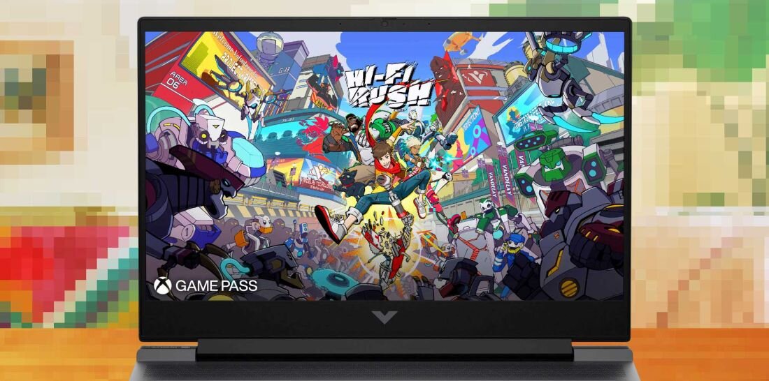 Laptop HP Victus 16 - Laptop z aktywną grą wideo, prezentujący intensywne kolory i szczegółowe postacie na ekranie.   