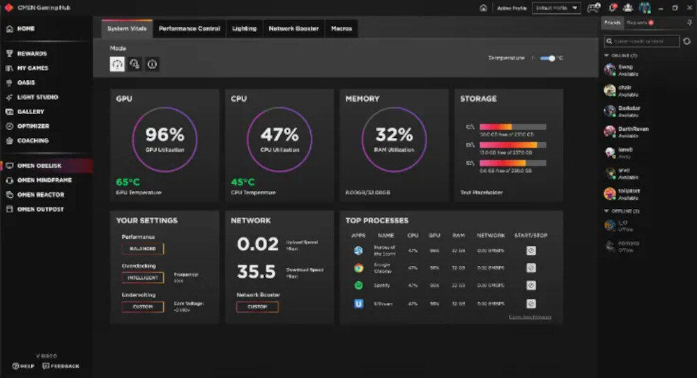 Laptop HP Victus 16 - Zrzut ekranu z interfejsu OMEN Gaming Hub, prezentujący zaawansowane funkcje i statystyki wydajności gier.   