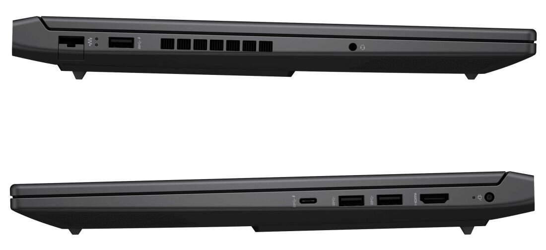 Laptop HP Victus 16 - Dwa różne ujęcia laptopa, z widocznymi złączami po bokach.