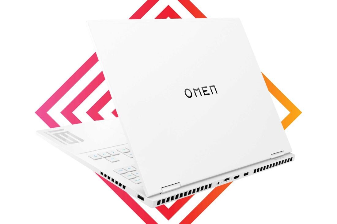 Tylna obudowa laptopa HP Omen 16 na kolorowym tle. - konstrukcja uwzględnia ekologiczne materiały