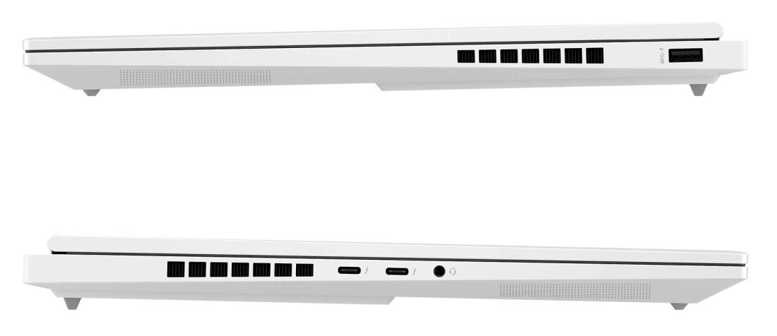 Laptop HP Omen 16 - Dwa laptopy HP Omen 16 o identycznym designie, ukazujące złącza po bokach w różnych ujęciach.