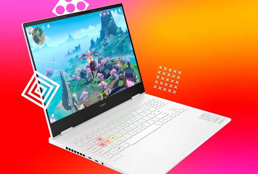 Laptop HP Omen 16 z grą na ekranie, otoczony kolorowym tłem. - Procesor Intel Core.