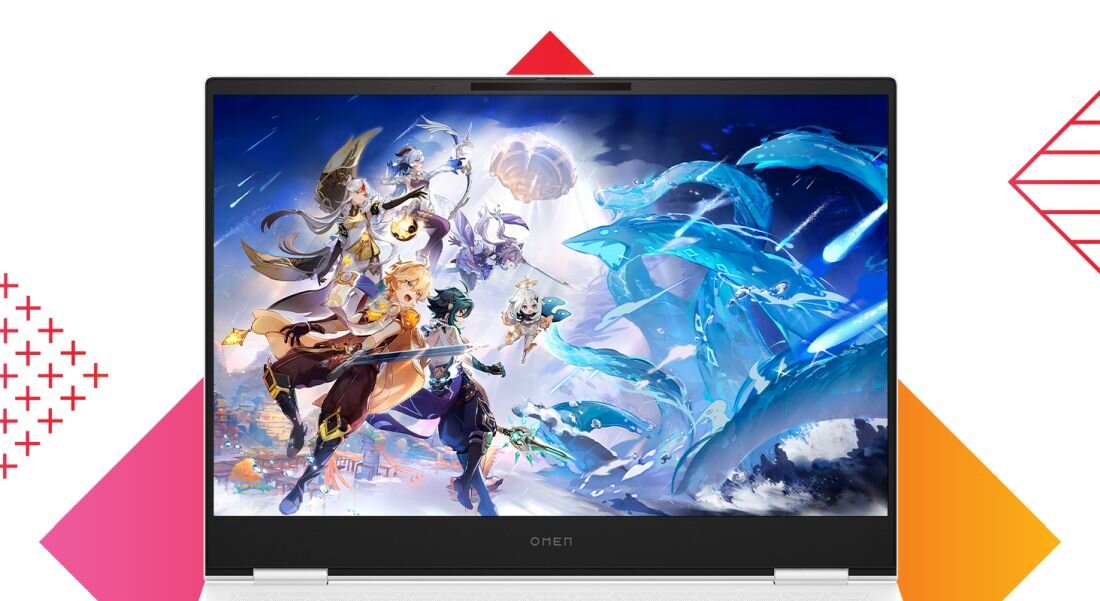 Laptop HP Omen 16 - Laptop HP Omen 16 z wizerunkiem dziewczyny i smoka na ekranie, ukazujący kreatywną grafikę. Technologia NVIDIA G-SYNC