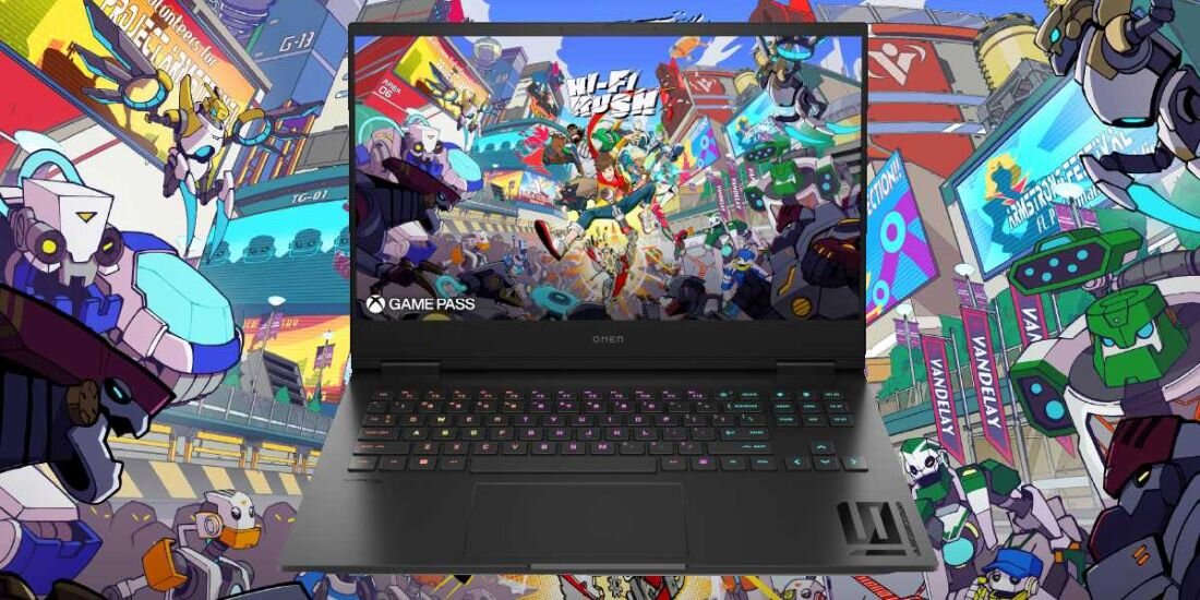 Laptop HP Omen 16 - Laptop HP Omen 16 z kolorową postacią z kreskówki, dobry do zabawy i pracy. 