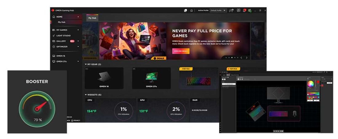 Laptop HP Victus 16 - Zrzut ekranu z interfejsu OMEN Gaming Hub, prezentujący zaawansowane funkcje i statystyki wydajności gier. OMEN Gaming Hub