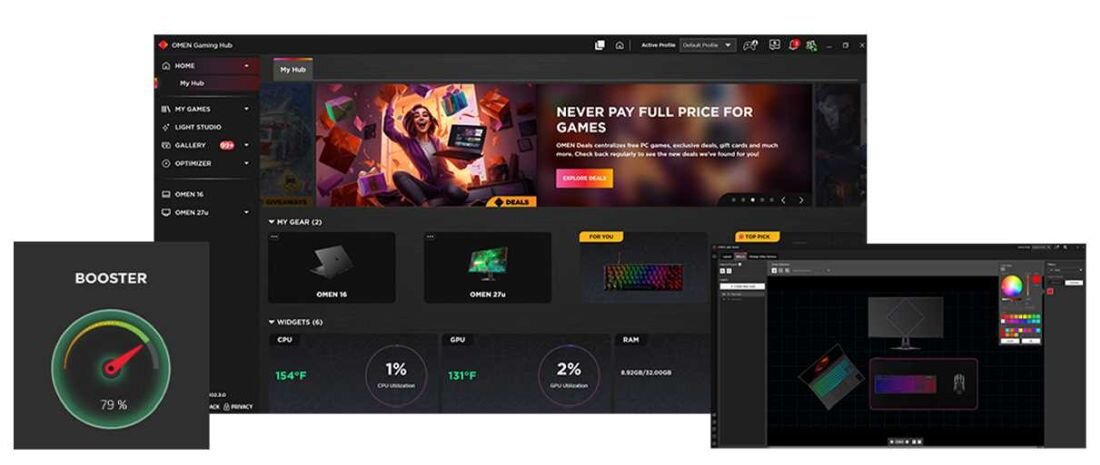 Laptop HP Omen 16 - Interfejs OMEN Gaming Hub ilustrujący zaawansowane technologie i wydajność.