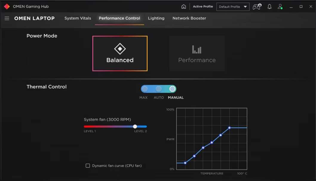 Laptop HP Omen 17 - Ustawienia zarządzania zasilaniem w panelu sterowania OMEN Gaming Hub. 