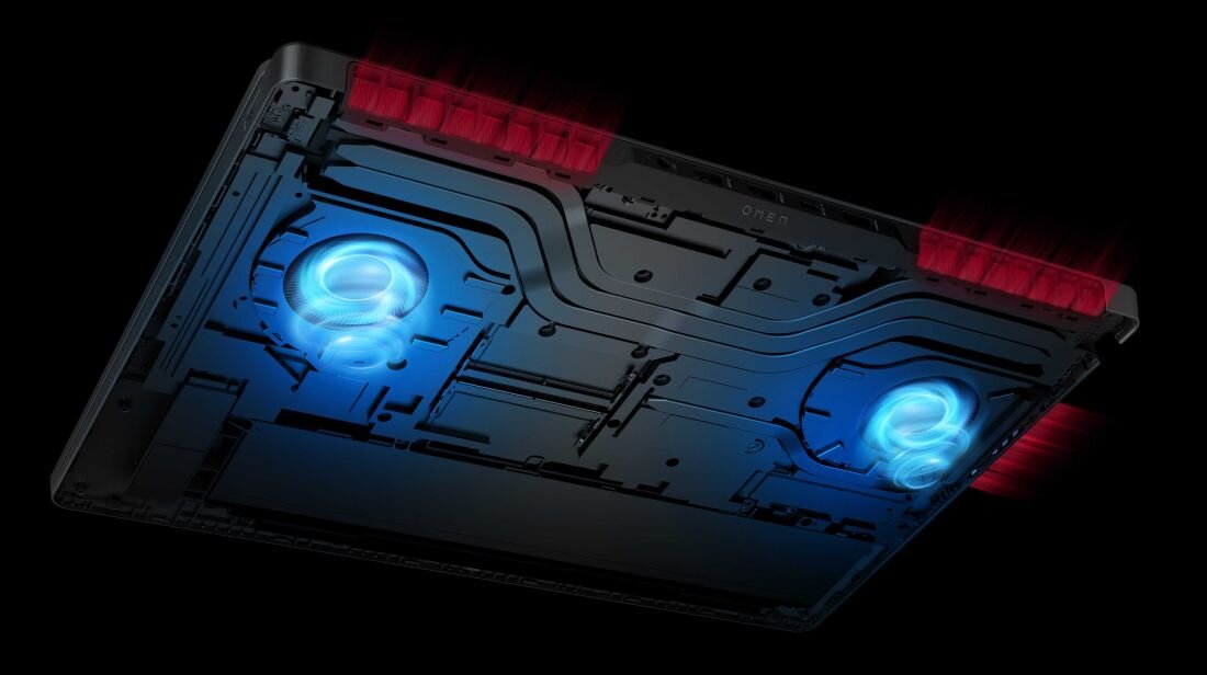 Laptop HP Omen 17 - Laptop HP Omen 17 z dwoma wentylatorami, ukazujący zaawansowany system chłodzenia. 