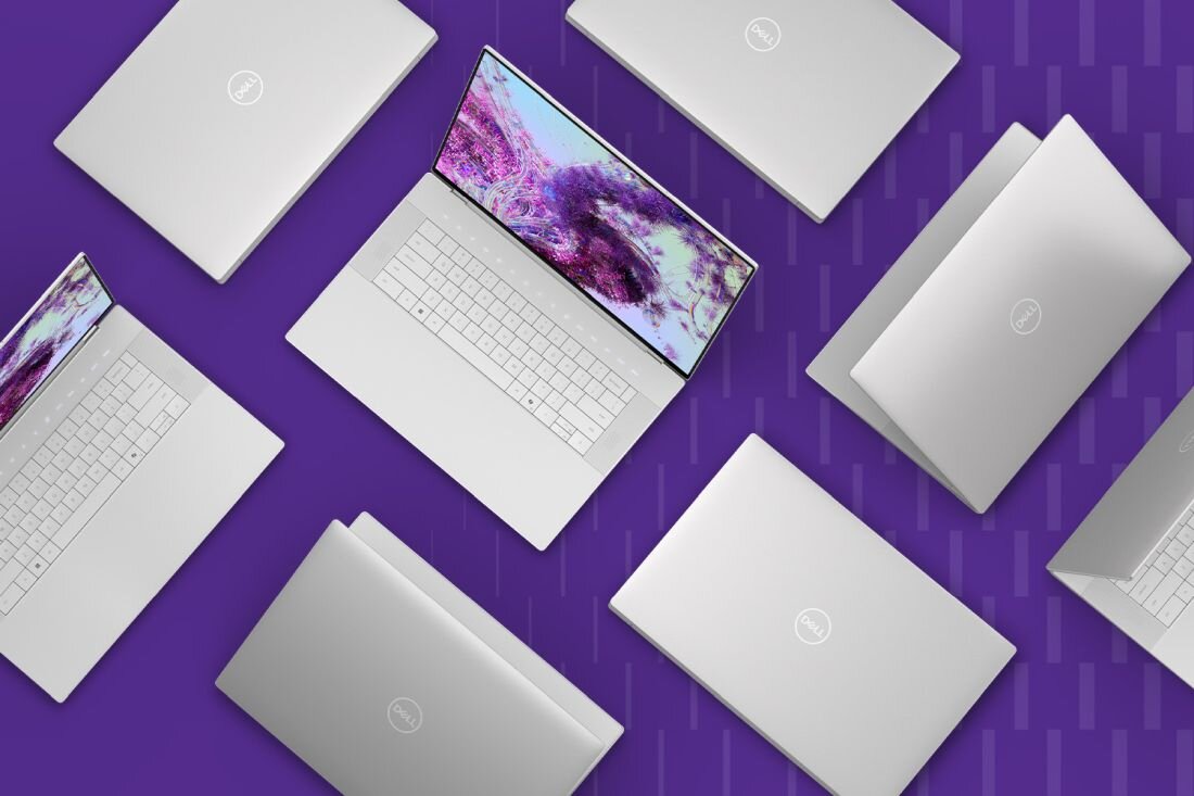 Laptopy DELL XPS 9640 na fioletowym tle. - Obudowa XPS-a 16 w całości powstała z trwałego aluminium