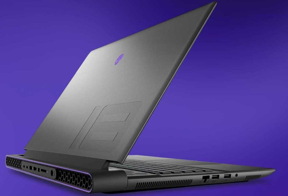 Laptop DELL Alienware M18 R2 18R2 - Alienware M18 R2 to gamingowy laptop pokazany prawym tylnym profilem, charakteryzujący się solidną konstrukcją.
 