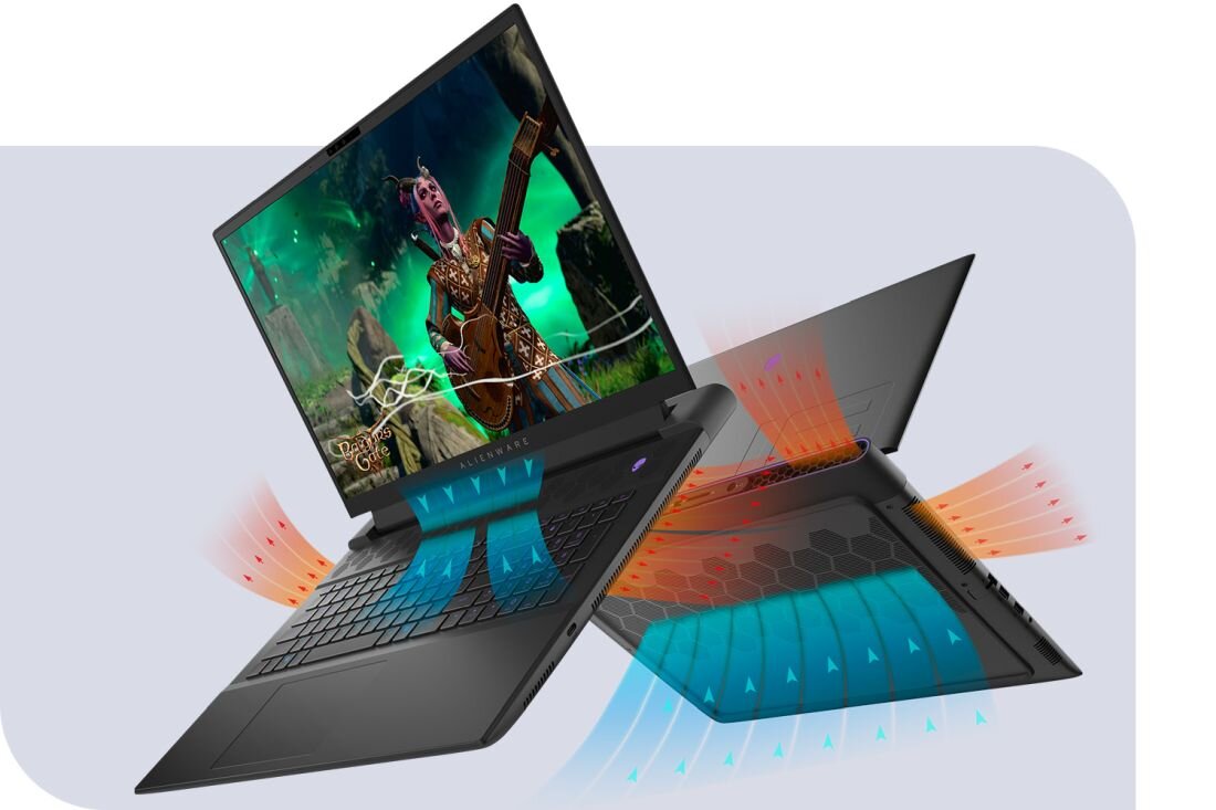 Laptop DELL Alienware M18 R2 18R2 - Laptop z otwartym ekranem, ukazujący system chłodzenia, dobry do pracy i rozrywki w komfortowych warunkach.