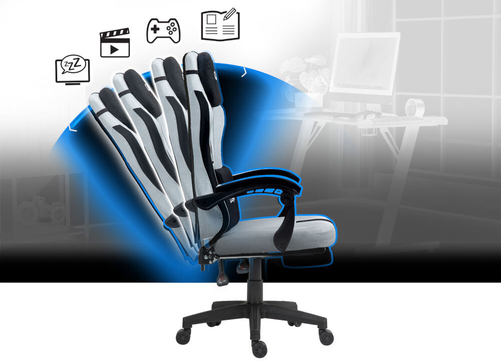 Fotel COBRA Player 5.0 CRF55GR szary + podnóżek podłokietniki poruszające się jednocześnie z oparciem kąt odchylenia oparcia od 90° do 135° Możliwość łatwego rozłożenia podnóżka i odchylenia oparcia