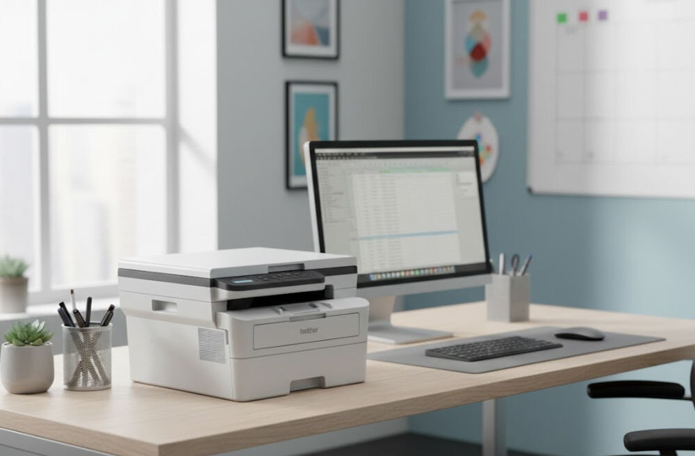 Urządzenie wielofunkcyjne BROTHER DCP-B7600D Automatyczny druk dwustronny prezentacja urządzenia w biurze na biurku obok monitor i akcesoria biurowe