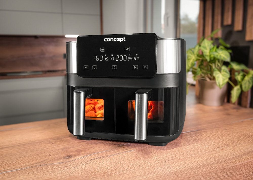 Air Fryer Frytkownica beztłuszczowa CONCEPT Double FR8000 Oświetlenie wewnętrzne okienko monitorowanie proces potrawy przygotowywanie równomierne efektywne gotowanie