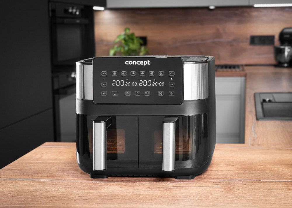 Air Fryer Frytkownica beztłuszczowa CONCEPT Double FR8000 Program Suszenia temperatura zdrowe przekąski RAW suszone owoce warzywa chipy timer do 24 godzin proces