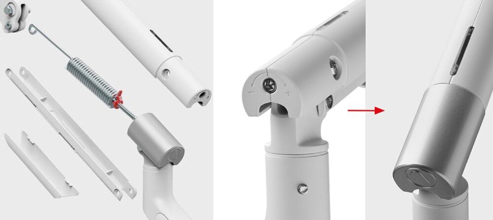 Uchwyt do monitora ONE FOR ALL DM7220 Zbliżenie na wewnętrzny mechanizm sprężynowy oraz system regulacji oporu ramienia